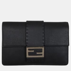 Fendi Black Leather Selleria FF Baguette Clutch