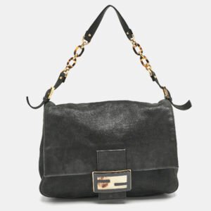Fendi Black Shimmer Leather Large Mama Forever Flap Shoulder Bag
