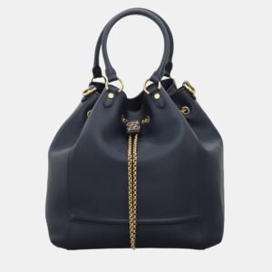 Fendi Dark Blue Leather Karligraphy Chain Medium Bucket Bag
