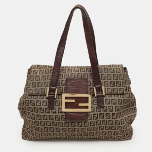 Fendi Beige/Brown Zucchino Canvas and Leather Accordion Tote