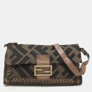 Fendi Tobacco Zucca Canvas and Leather Large Whipstitch Baguette Bag