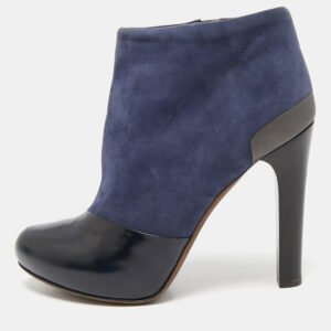 Fendi Navy Blue/Blue Leather and Suede Ankle Length Boots Size 37.5