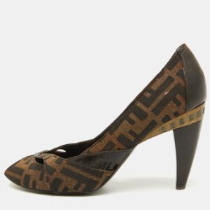 Fendi Tobacco Zucca Canvas and Leather Peep Toe Pumps Size 38