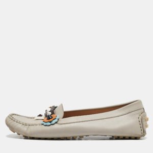Fendi Grey Leather Studded Flowerland Loafers Size 38