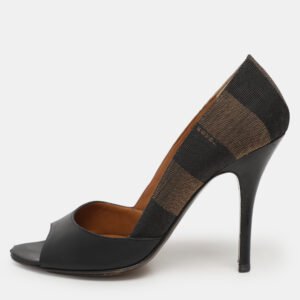 Fendi Black/Brown Leather and Striped Canvas Pequin Peep Toe Pumps Size 36