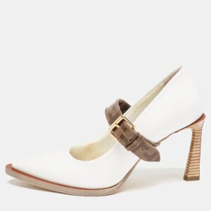 luxury-women-fendi-used-shoes-p1140985-006 Fendi White/Brown Patent Leather Mary Jane Oversized Sole Pumps Size 37