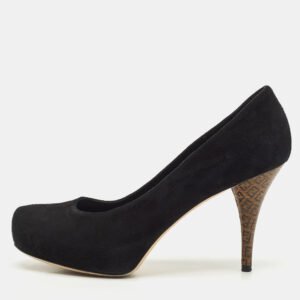 luxury-women-fendi-used-shoes-p1142691-010 Fendi Black Suede Platform Logo Heel Pumps Size 38