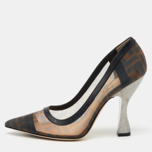 Fendi Brown/Black Zucca Mesh and Leather Pointed Toe Colibri Pumps Size 39