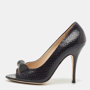 Fendi Black Snakeskin Embossed Leather Bow Open Toe Pumps Size 36