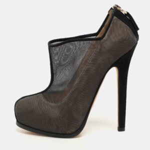Fendi Black/Beige Mesh and Suede Platform Booties Size 37