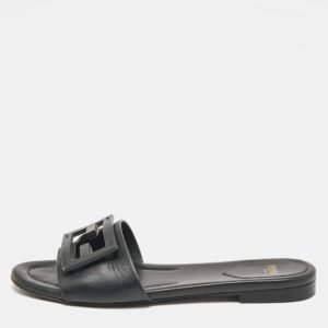 Fendi Black Leather Logo Flat Slides Size 37