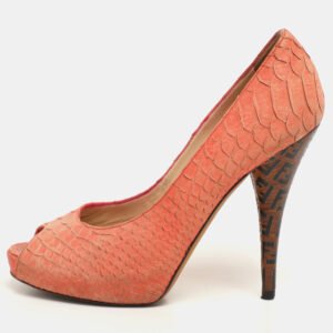 Fendi Orange Python Embossed Leather Peep Toe Platform Pumps Size 36