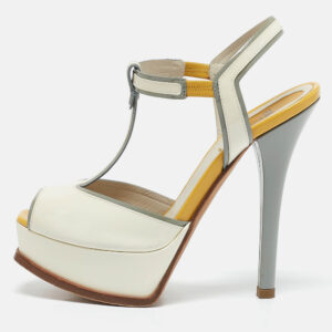 Fendi White/Yellow Patent Leather Fendista T-Strap Sandals Size 37