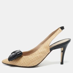 Fendi Beige/Black Woven Raffia and Patent Leather Bow Slingback Pumps Size 36.5