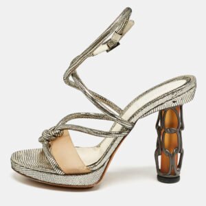 Fendi Gold Lizard Embossed Leather Chain Cage Heel Platform Sandals Size 39