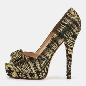 Fendi Black/Gold Suede Peep Toe Platform Pumps Size 38