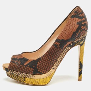 Fendi Brown Python Embossed Leather Peep Toe Platform Pumps Size 37.5