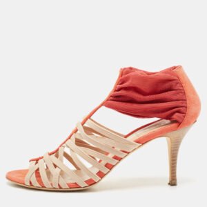 Fendi Red/Beige Suede And Elastic Strappy Sandals Size 38