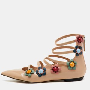 Fendi Beige Patent Leather Flowerland Ankle Strap Flats Size 38