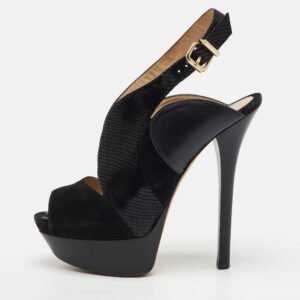 Fendi Black Suede and Leather Peep Toe Platform Slingback Pumps Size 39.5