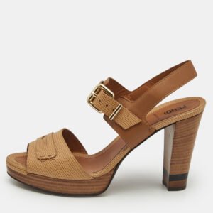 Fendi Brown Lizard Embossed Leather Platform Ankle Strap Sandals Size 40