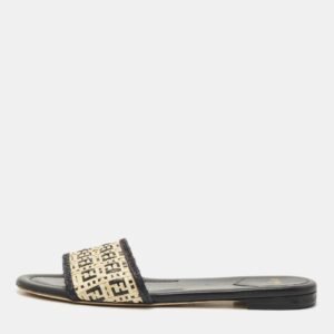Fendi Black/Cream Woven Raffia and Leather FF Flat Slides Size 41