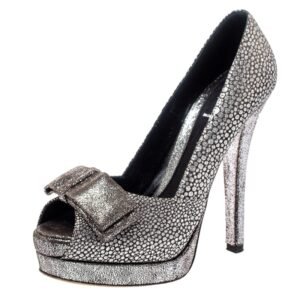 Fendi Silver Textured Fabric Bow Peep Toe Pumps Size 37