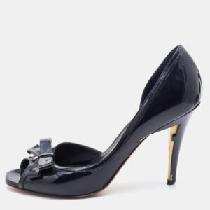 Fendi Black Patent Leather Bow Peep Toe D'orsay Pumps Size 38.5