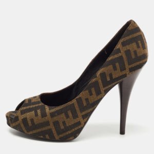 Fendi Brown Zucca Canvas Peep Toe Pumps Size 39