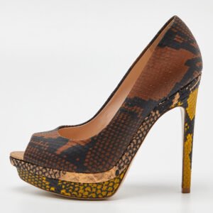 Fendi Multicolor Python Embossed Leather Peep Toe Platform Pumps Size 35