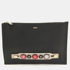 Furla Black Leather Floral Handle Flat Zip Pouch Clutch