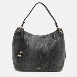 luxury-women-furla-used-handbags-p1156394-018 Furla Blue/Black Python Embossed Leather Hobo