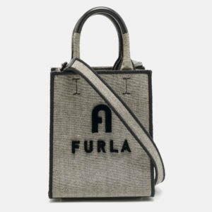 Furla Grey/Black Canvas and Leather Mini Varsity Style Tote