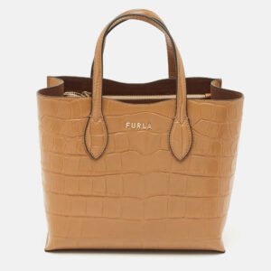 Furla Tan Croc Embossed Leather Tote