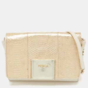 Furla Gold/Cream Leather and Python Embossed Leather Shoulder Bag