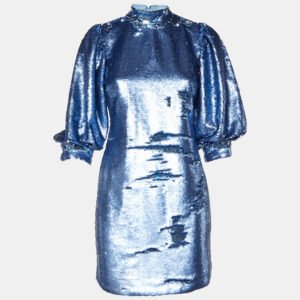 Ganni Blue Sequined High Neck Mini Dress S
