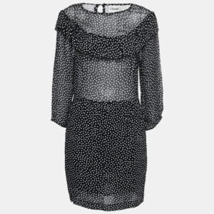 Ganni Black Polka Dotted Crepe Belleville Short Dress L