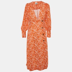 Ganni Orange Floral Print Chiffon Midi Wrap Dress L