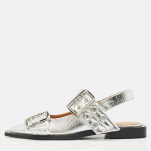 Ganni Silver Leather Buckle Slingback Flats Size 37