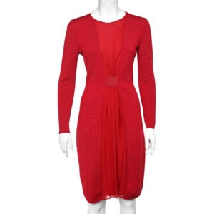 Giambattista Valli Red Wool & Pleated Silk Paneled Midi Dress XS