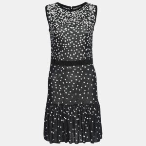 Giambattista Valli Black and White Polka Printed Knit Flared Hem Detailed Midi Dress S