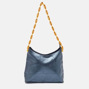 luxury-women-gianfranco-ferre-used-handbags-p1022368-014 Gianfranco Ferre Metallic Blue Leather Chain Hobo