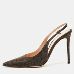 Gianvito Rossi Brown Glitter Fabric  Ribbon Slingback Pumps Size 39