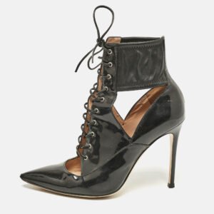 Gianvito Rossi Black Patent and Leather Lace-Up Ankle Booties Size 37.5