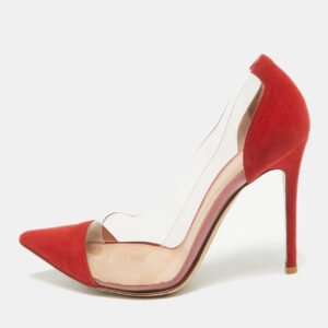 Gianvito Rossi Transparent/Red Suede and PVC Plexi Pointed Toe Pumps Size 38.5