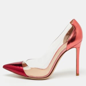 luxury-women-gianvito-rossi-used-shoes-p1138344-001 Gianvito Rossi Metallic Burgundy Leather and PVC Plexi Pointed Toe Pumps Size 38.5