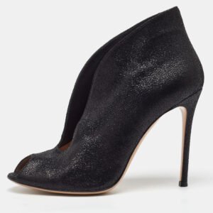 Gianvito Rossi Black Metallic Embossed Suede Vamp Peep Toe Booties Size 40