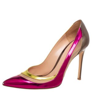 Gianvito Rossi Tri-Color Metallic Leather and Mesh Paneled Pointed-Toe Pumps Size 38.5
