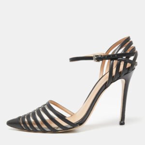 Gianvito Rossi Black Leather and PVC Caged Ankle-Strap Pointed-Toe Pumps Size 36.5