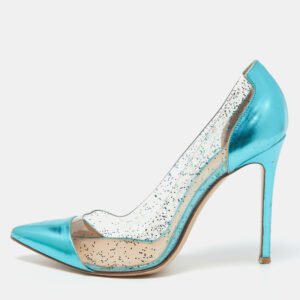 Gianvito Rossi Metallic Blue Leather and Glitter PVC Plexi Pumps Size 38.5